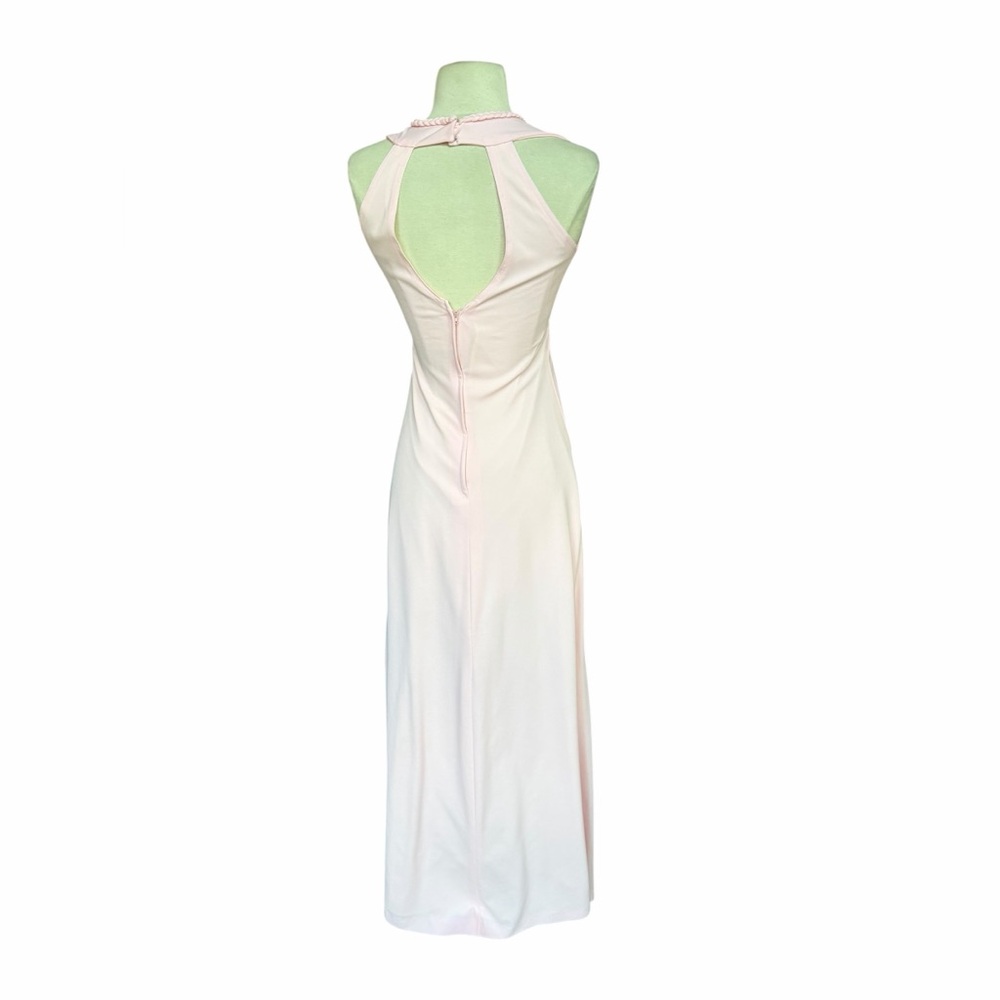 1970s Pale Pink Braided‎ Trim V-Neckline w/Tassels Lined Poly Maxi Dress - Picture 4 of 5